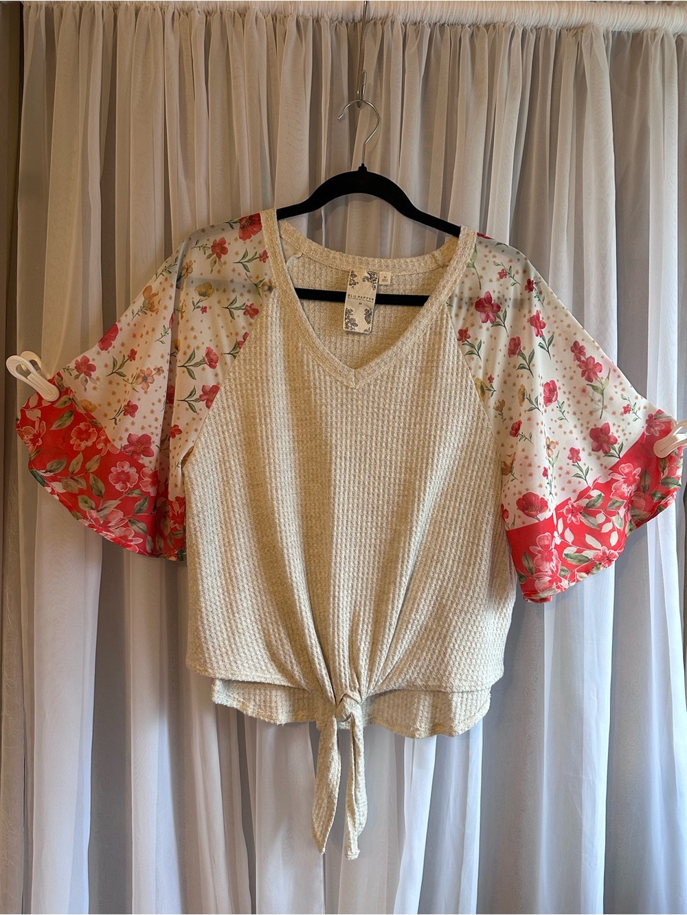 Blu Pepper Floral Sheer Kimono Sleeve Tan Tie-Front Waffle Knit Top Size M